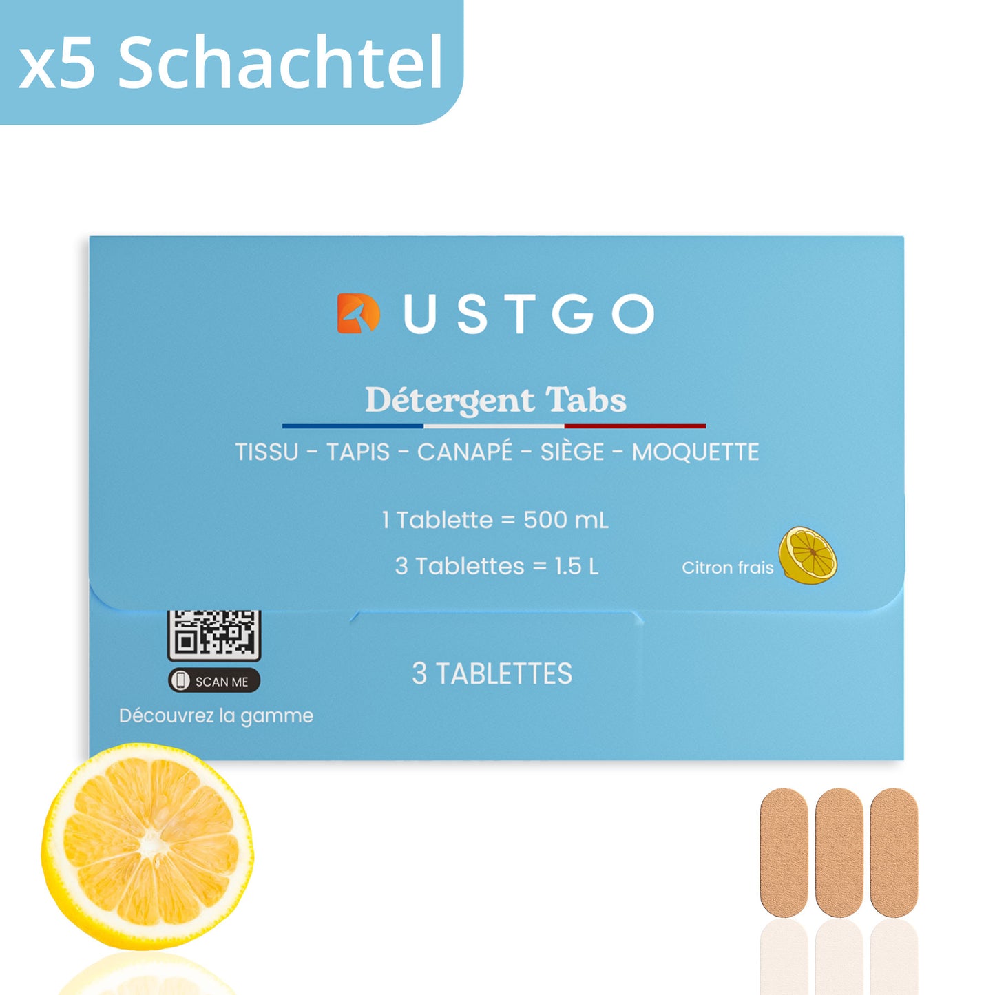 Packung mit 5 Dosen Waschmittel (15 Tabletten)