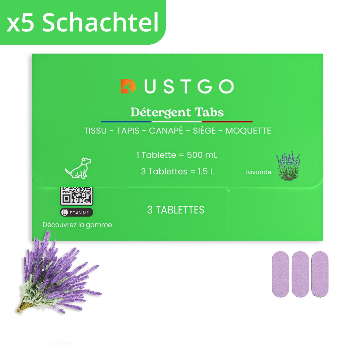 Packung mit 5 Dosen Waschmittel (15 Tabletten)